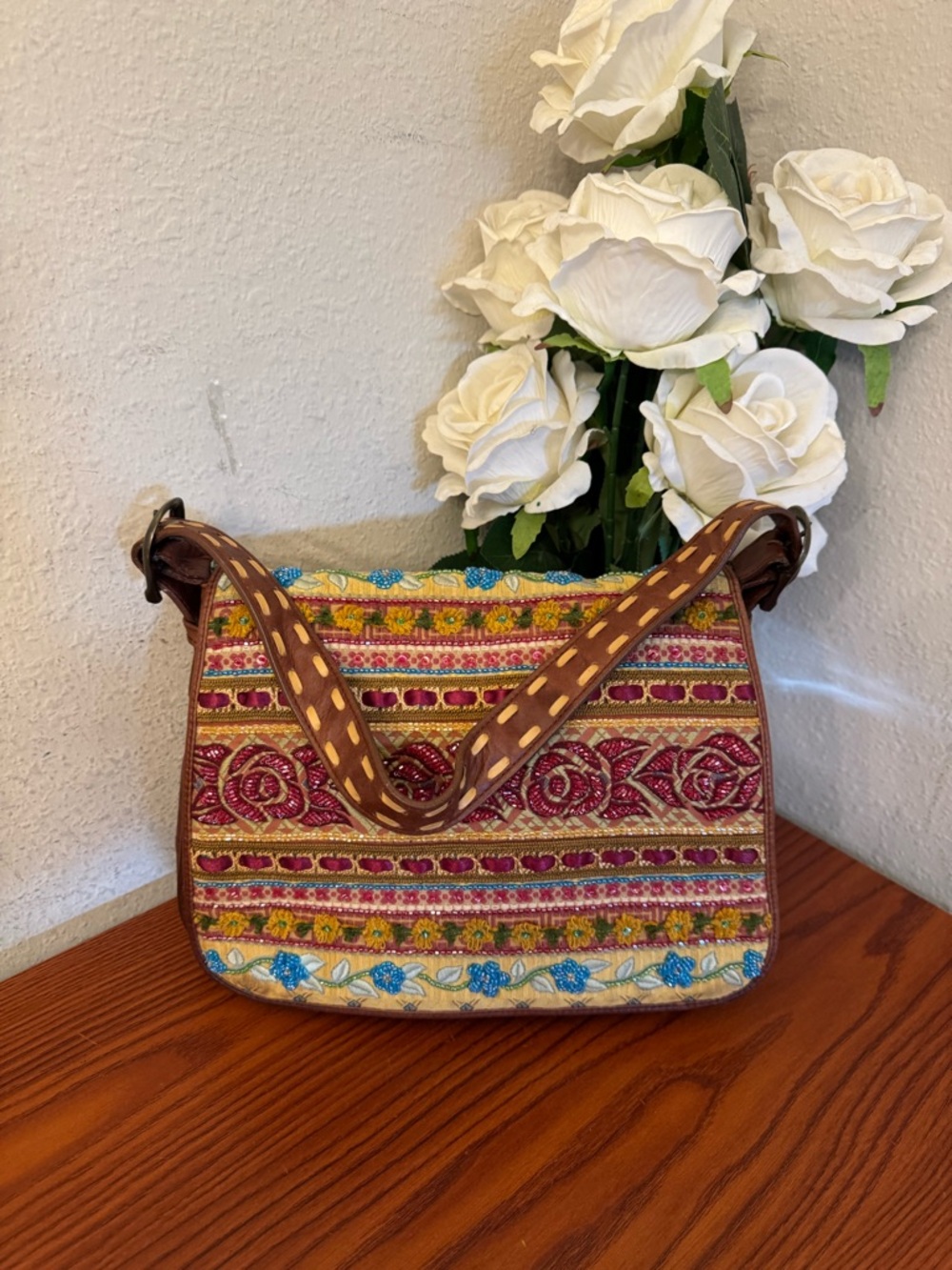 Vintage Isabella Fiore Multicolor Embroidered Shoulder Bag with Brown Strap